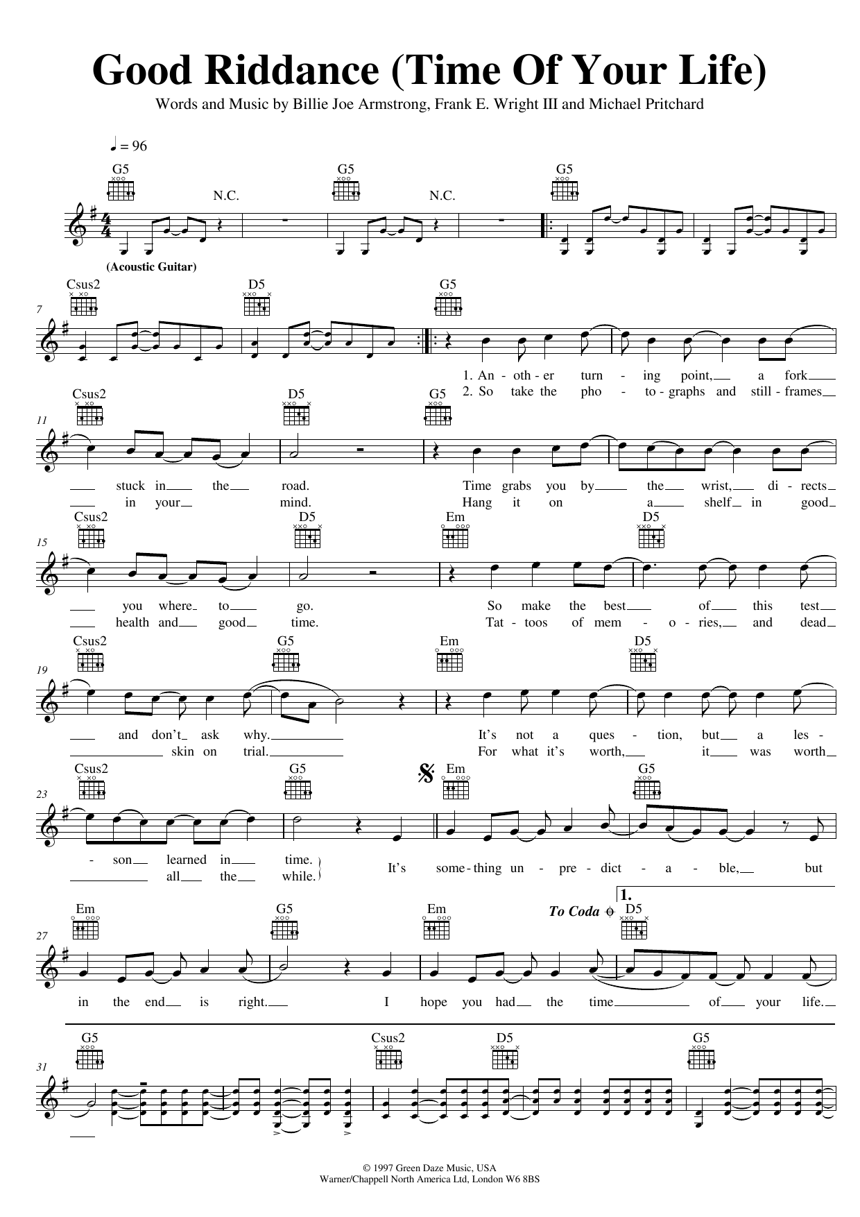 Green Day Good Riddance (Time Of Your Life) sheet music notes and chords. Download Printable PDF.