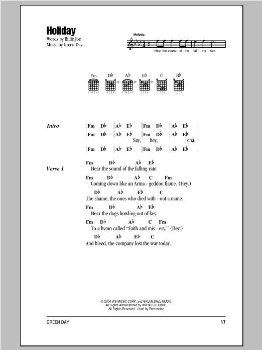 Green Day Holiday sheet music notes and chords. Download Printable PDF.