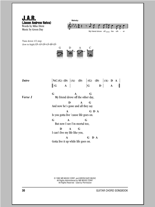 Learn to play Green Day J.A.R. (Jason Andrew Relva) sheet music for Guitar Chords/Lyrics in minutes. Price: 4.4900$ Green Day J.A.R. (Jason Andrew Relva) sheet music notes and chords arranged for Guitar Chords/Lyrics