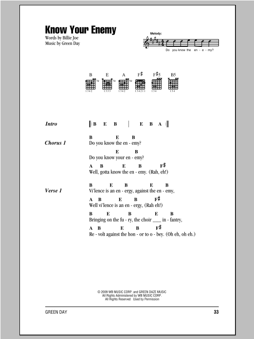 Learn to play Green Day Know Your Enemy sheet music for Guitar Chords/Lyrics in minutes. Price: 4.4900$ Green Day Know Your Enemy sheet music notes and chords arranged for Guitar Chords/Lyrics