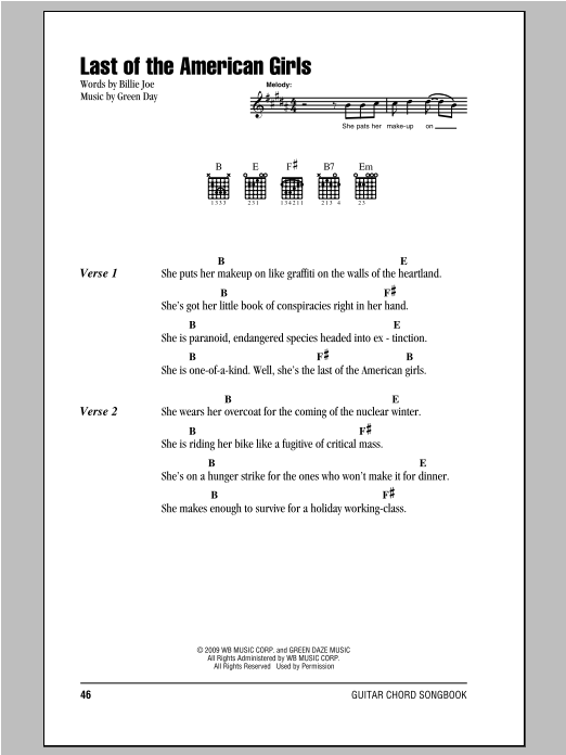 Green Day Last Of The American Girls sheet music notes and chords. Download Printable PDF.