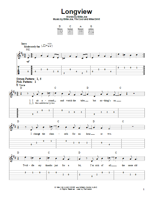 Green Day Longview sheet music notes and chords. Download Printable PDF.