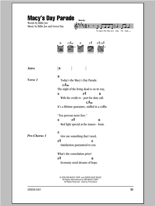 Green Day Macy's Day Parade sheet music notes and chords. Download Printable PDF.