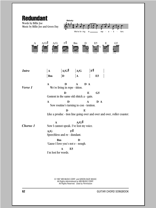 Green Day Redundant sheet music notes and chords. Download Printable PDF.