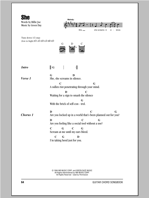 Green Day She sheet music notes and chords. Download Printable PDF.