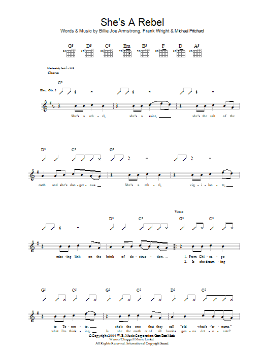 Learn to play Green Day She's A Rebel sheet music for Guitar Tab in minutes. Price: 7.8900$ Green Day She's A Rebel sheet music notes and chords arranged for Guitar Tab