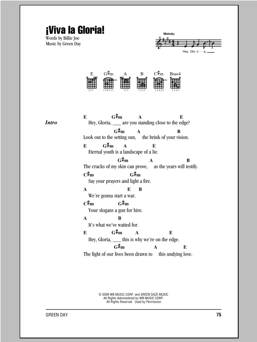 Learn to play Green Day Viva La Gloria! sheet music for Guitar Chords/Lyrics in minutes. Price: 4.4900$ Green Day Viva La Gloria! sheet music notes and chords arranged for Guitar Chords/Lyrics