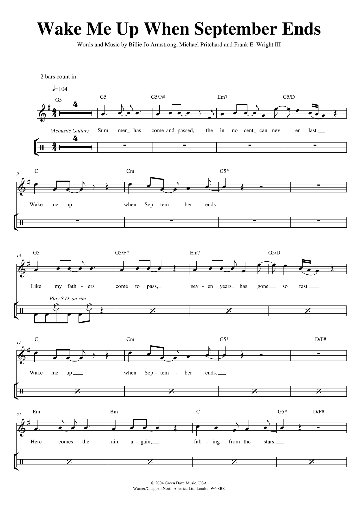 Green Day Wake Me Up When September Ends sheet music notes and chords. Download Printable PDF.