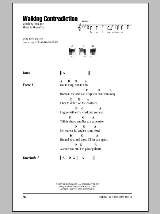 Green Day Walking Contradiction sheet music notes and chords. Download Printable PDF.