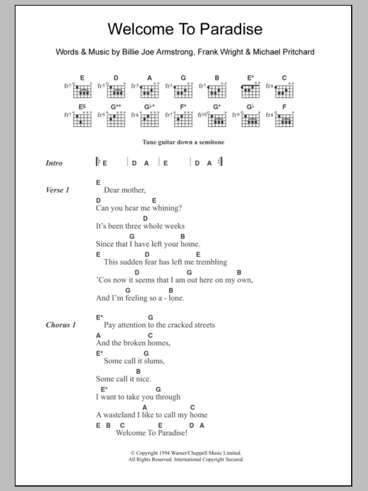 Learn to play Green Day Welcome To Paradise sheet music for Guitar Chords/Lyrics in minutes. Price: 4.4900$ Green Day Welcome To Paradise sheet music notes and chords arranged for Guitar Chords/Lyrics