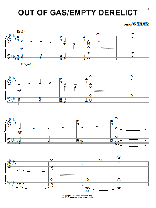 Learn to play Greg Edmonson Out Of Gas/Empty Derelict sheet music for Piano Solo in minutes. Price: 7.8900$ Greg Edmonson Out Of Gas/Empty Derelict sheet music notes and chords arranged for Piano Solo