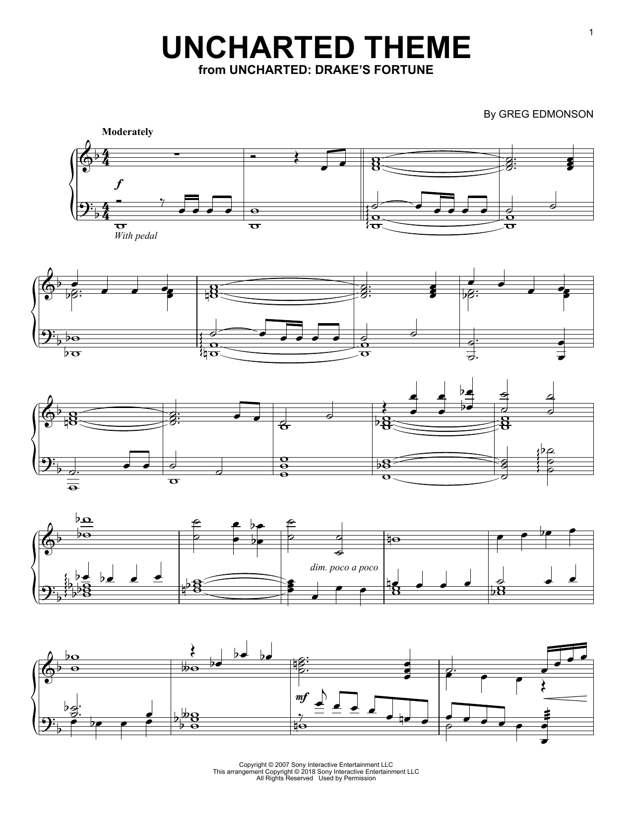 Greg Edmonson Uncharted Theme sheet music notes and chords. Download Printable PDF.