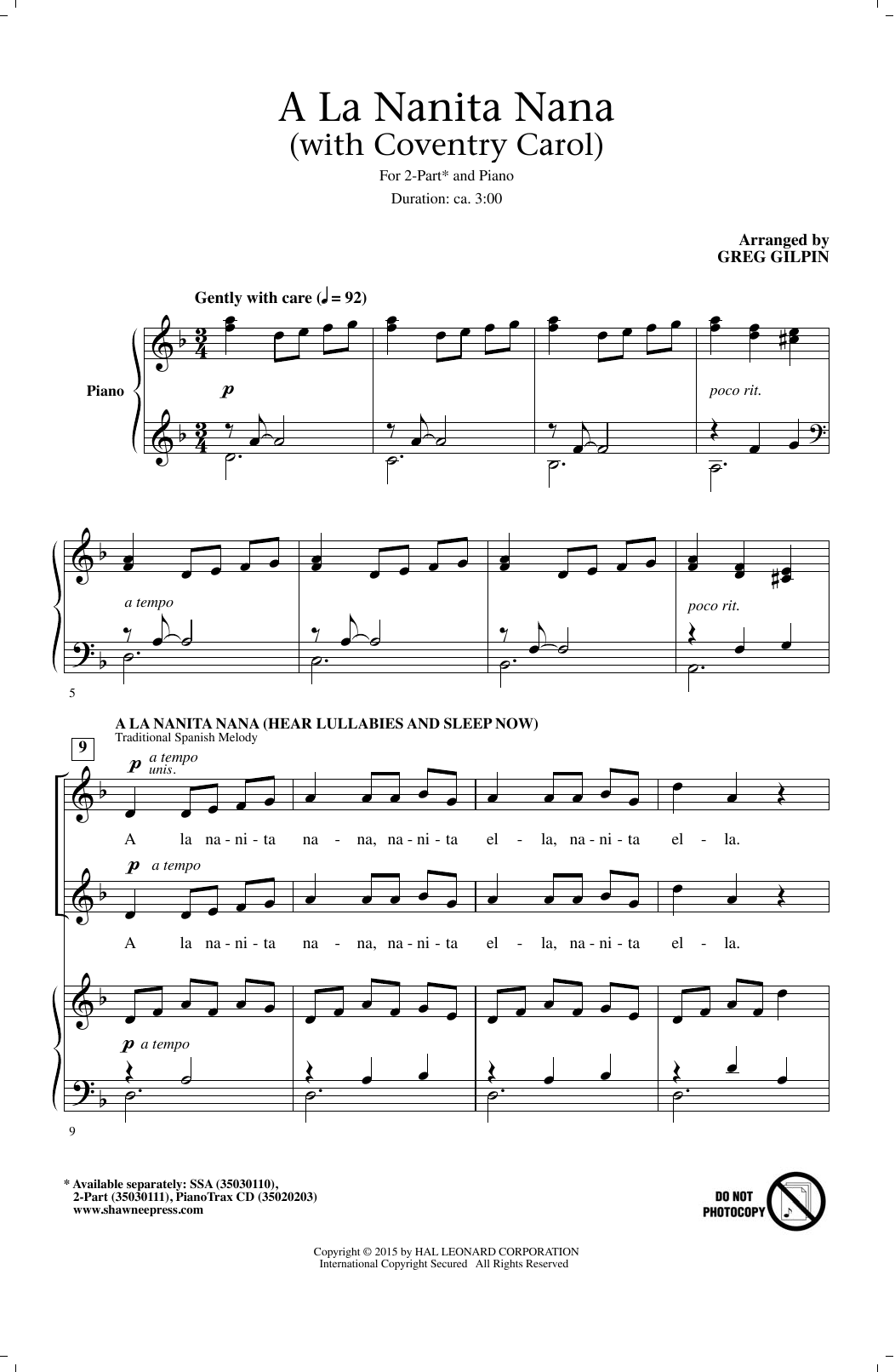 Greg Gilpin A La Nanita Nana (Hear Lullabies And Sleep Now) sheet music notes and chords. Download Printable PDF.