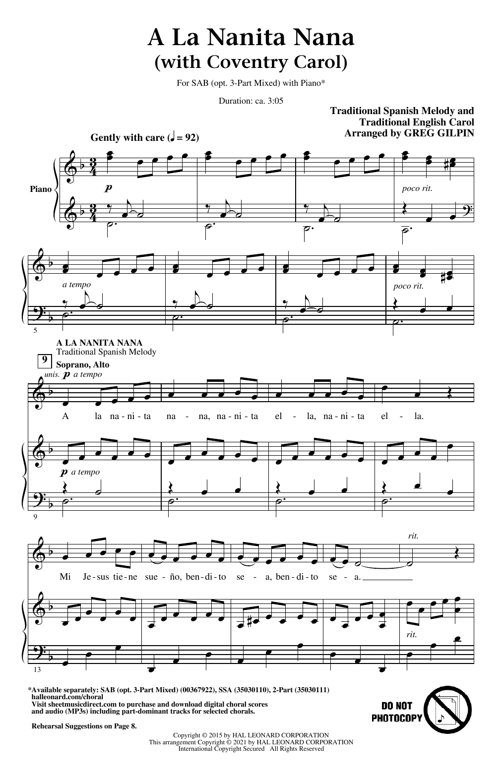 Greg Gilpin A La Nanita Nana (with Coventry Carol) sheet music notes and chords. Download Printable PDF.