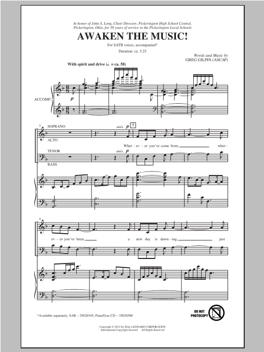Learn to play Greg Gilpin Awaken The Music sheet music for SATB Choir in minutes. Price: 3.9900$ Greg Gilpin Awaken The Music sheet music notes and chords arranged for SATB Choir