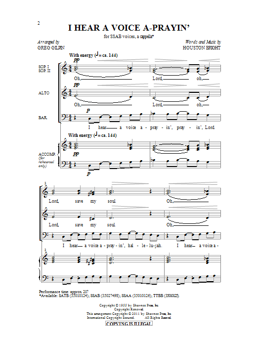 Houston Bright I Hear A Voice A-Prayin' (arr. Greg Gilpin) sheet music notes and chords arranged for SATB Choir