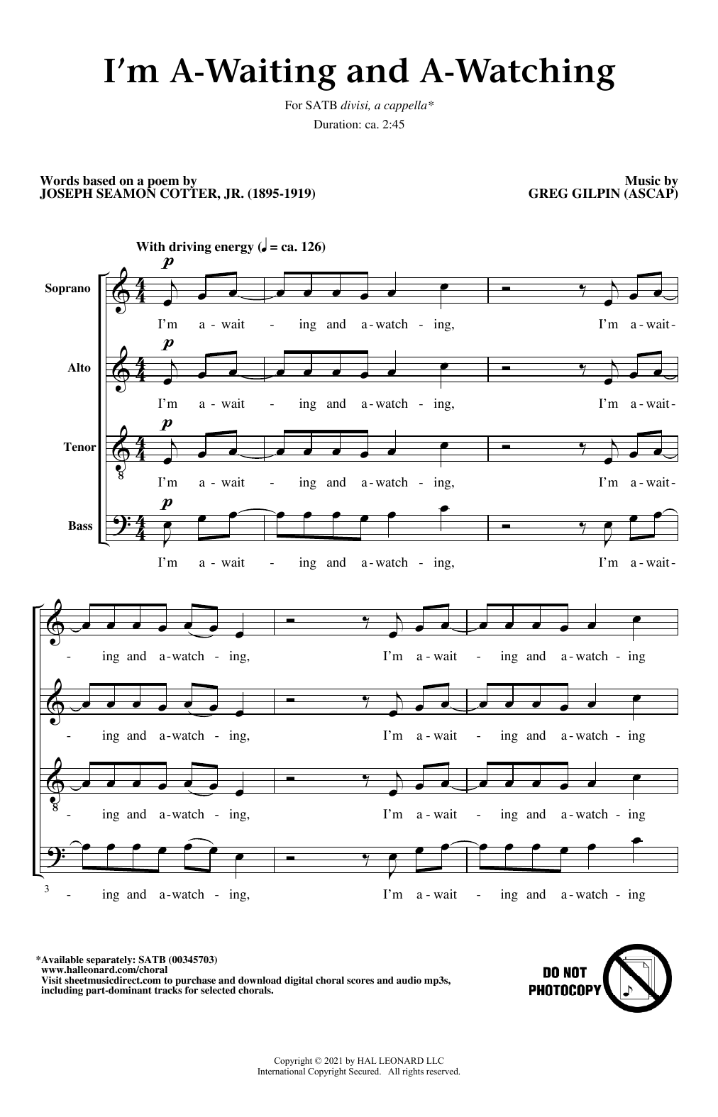 Learn to play Greg Gilpin I'm A-Waiting And A-Watching sheet music for SATB Choir in minutes. Price: 3.9900$ Greg Gilpin I'm A-Waiting And A-Watching sheet music notes and chords arranged for SATB Choir