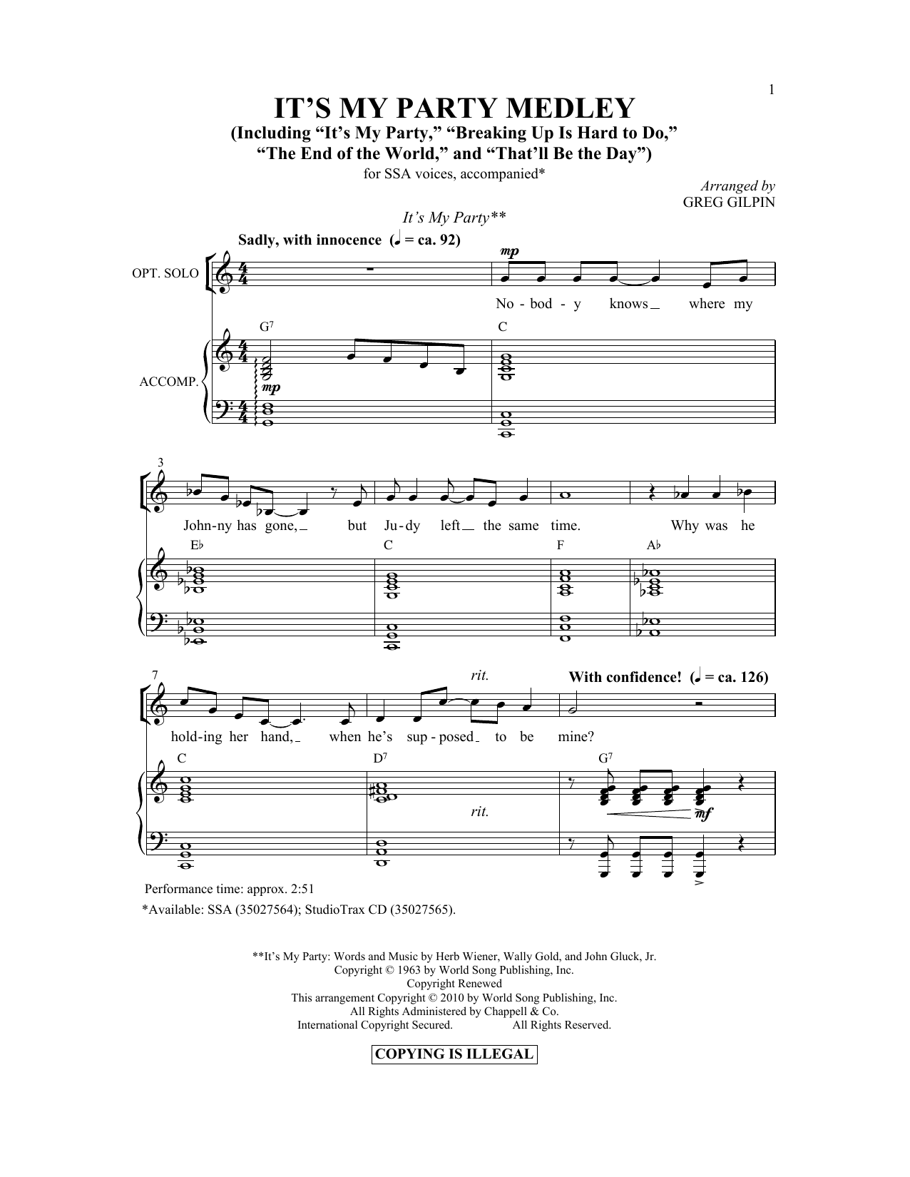 Learn to play Greg Gilpin It's My Party Medley sheet music for SSA Choir in minutes. Price: 3.9900$ Greg Gilpin It's My Party Medley sheet music notes and chords arranged for SSA Choir