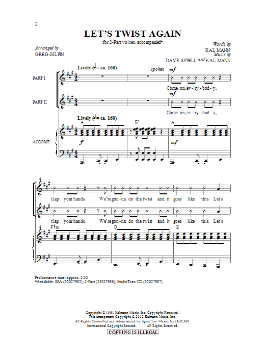 Chubby Checker Let's Twist Again (arr. Greg Gilpin) sheet music notes and chords arranged for 2-Part Choir