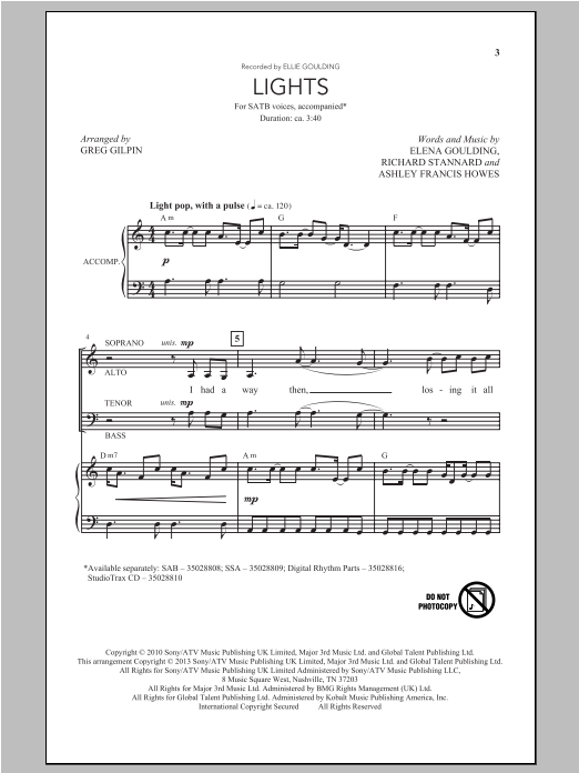 Ellie Goulding Lights (arr. Greg Gilpin) sheet music notes and chords. Download Printable PDF.