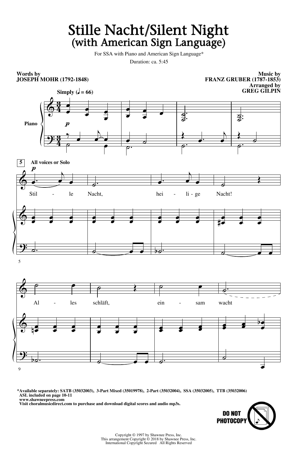 Greg Gilpin Stille Nacht/Silent Night (With American Sign Language) sheet music notes and chords. Download Printable PDF.