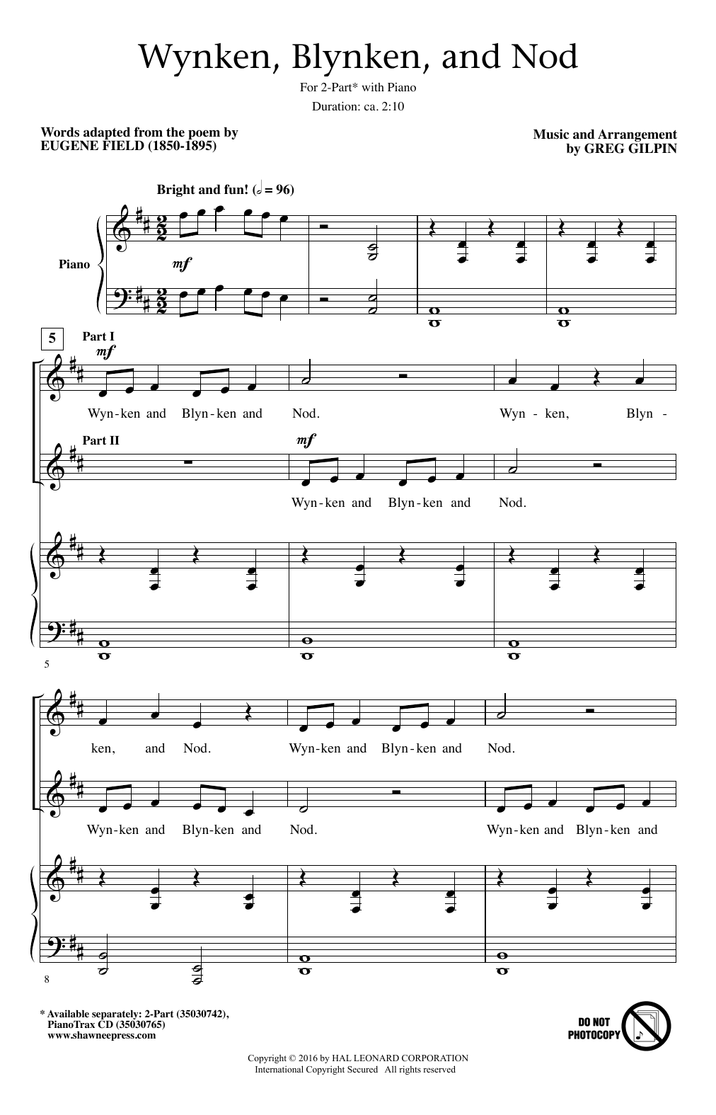 Greg Gilpin Wynken, Blynken, And Nod sheet music notes and chords. Download Printable PDF.