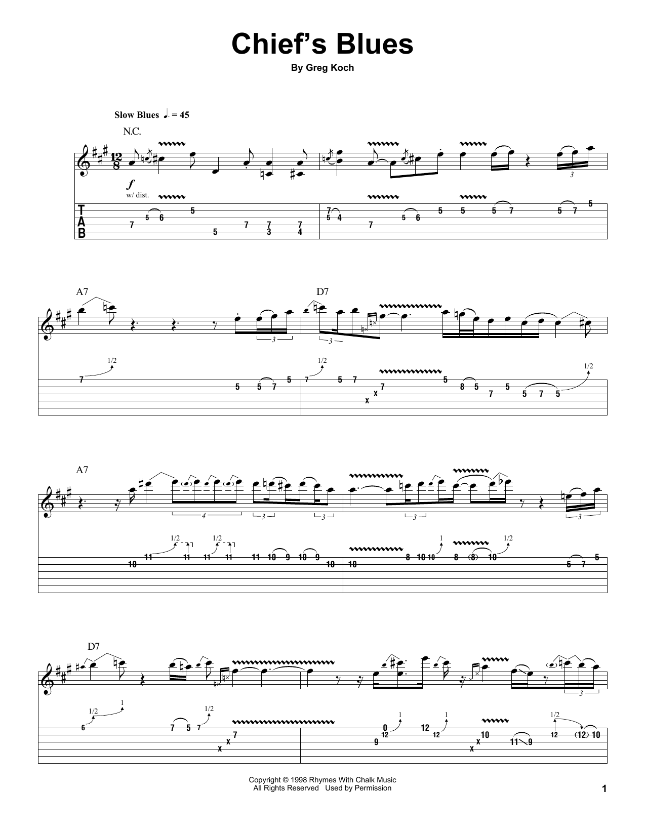 Greg Koch Chief's Blues sheet music notes and chords. Download Printable PDF.