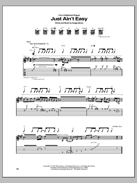 Gregg Allman Just Ain't Easy sheet music notes and chords. Download Printable PDF.