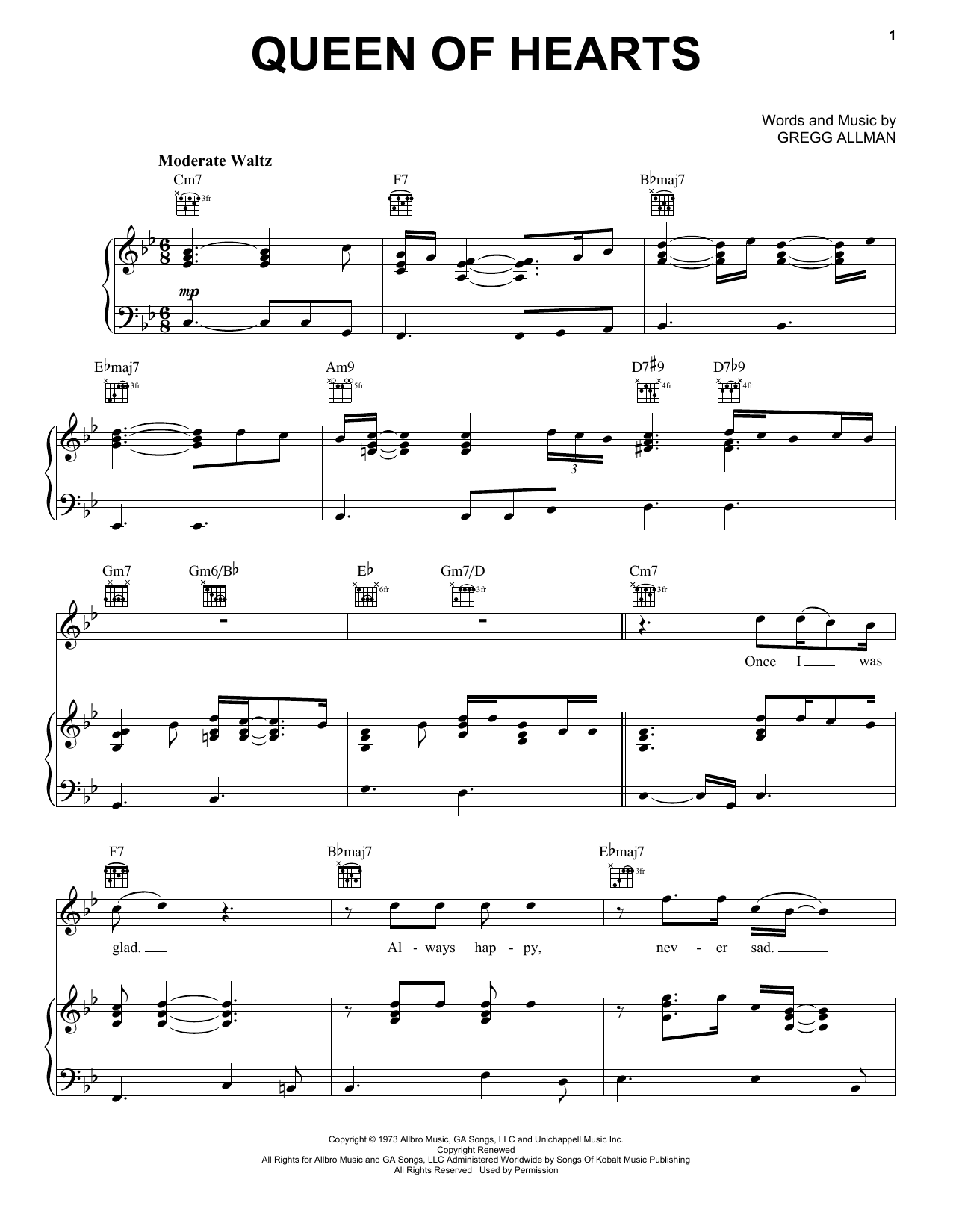 Gregg Allman Queen Of Hearts sheet music notes and chords. Download Printable PDF.