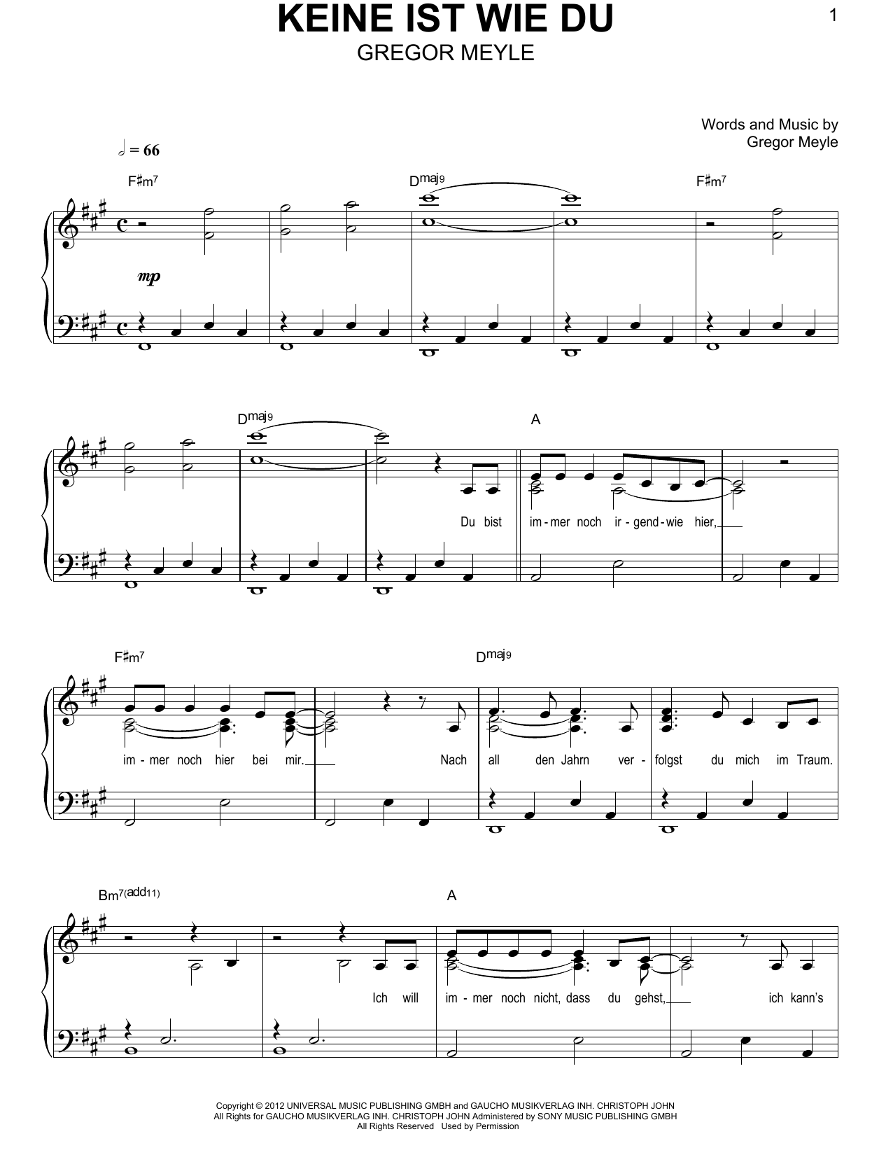 Gregor Meyle Keine Ist Wie Du sheet music notes and chords. Download Printable PDF.