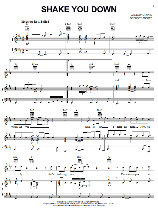Learn to play Gregory Abbott Shake You Down sheet music for Piano, Vocal & Guitar Chords (Right-Hand Melody) in minutes. Price: 7.8900$ Gregory Abbott Shake You Down sheet music notes and chords arranged for Piano, Vocal & Guitar Chords (Right-Hand Melody)