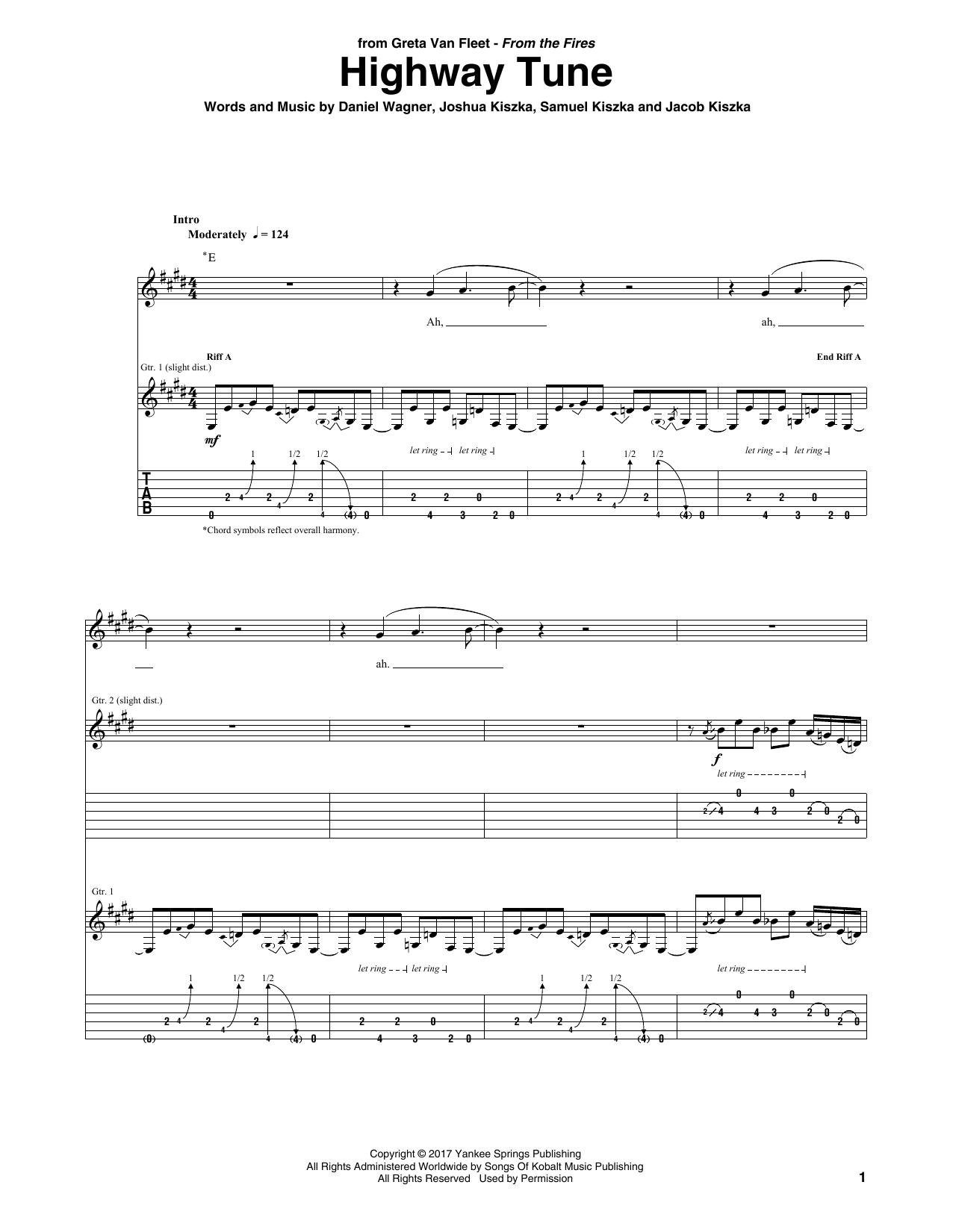 Greta Van Fleet Highway Tune sheet music notes and chords. Download Printable PDF.