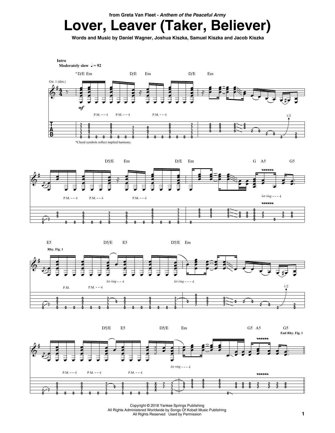 Learn to play Greta Van Fleet Lover, Leaver (Taker, Believer) sheet music for Guitar Tab in minutes. Price: 7.8900$ Greta Van Fleet Lover, Leaver (Taker, Believer) sheet music notes and chords arranged for Guitar Tab