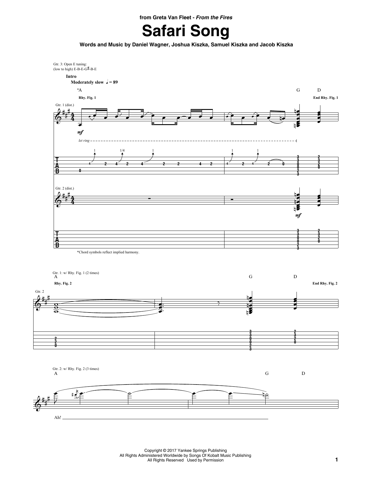 Greta Van Fleet Safari Song sheet music notes and chords. Download Printable PDF.