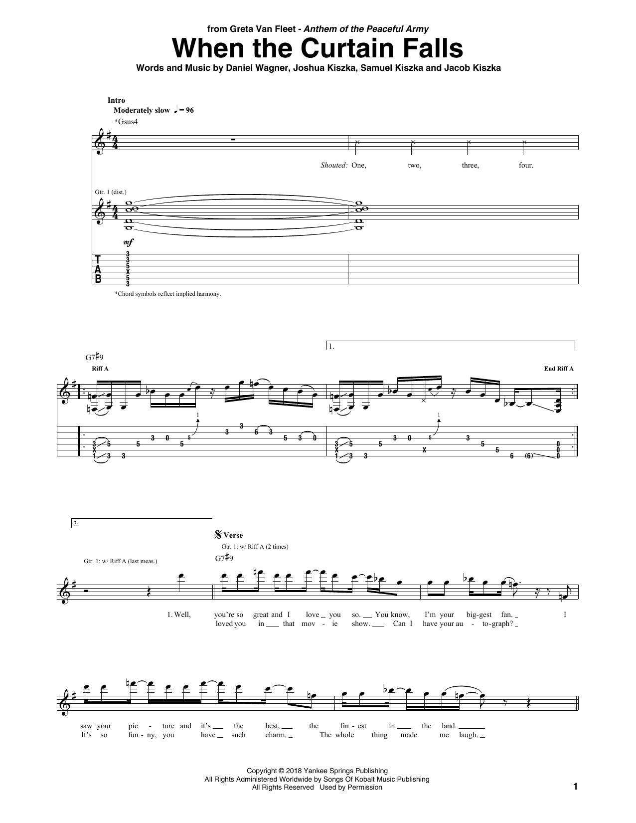 Learn to play Greta Van Fleet When The Curtain Falls sheet music for Guitar Tab in minutes. Price: 7.8900$ Greta Van Fleet When The Curtain Falls sheet music notes and chords arranged for Guitar Tab