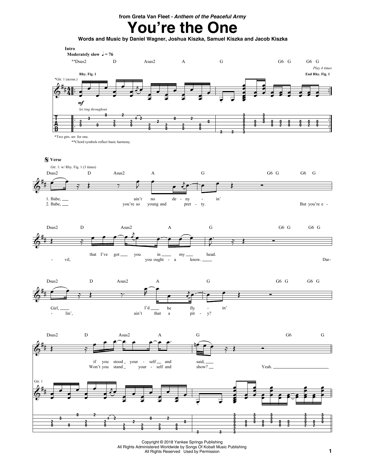 Greta Van Fleet You're The One sheet music notes and chords. Download Printable PDF.