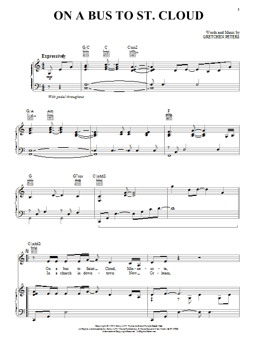 Learn to play Gretchen Peters On A Bus To St. Cloud sheet music for Piano, Vocal & Guitar Chords (Right-Hand Melody) in minutes. Price: 7.8900$ Gretchen Peters On A Bus To St. Cloud sheet music notes and chords arranged for Piano, Vocal & Guitar Chords (Right-Hand Melody)