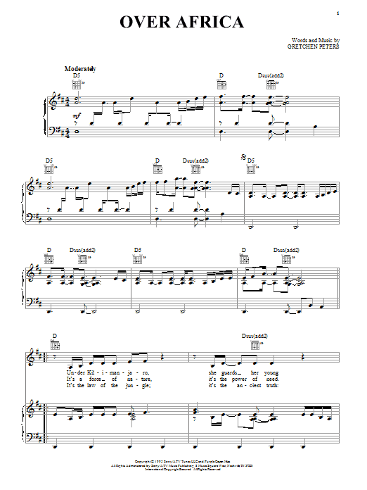 Learn to play Gretchen Peters Over Africa sheet music for Piano, Vocal & Guitar Chords (Right-Hand Melody) in minutes. Price: 7.8900$ Gretchen Peters Over Africa sheet music notes and chords arranged for Piano, Vocal & Guitar Chords (Right-Hand Melody)