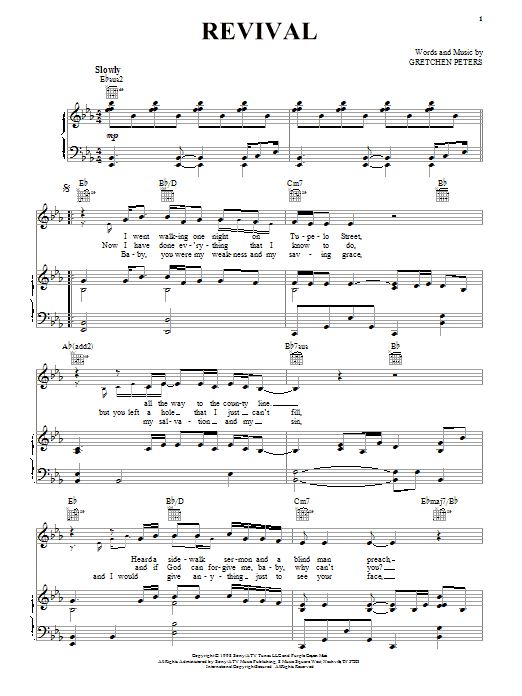 Learn to play Gretchen Peters Revival sheet music for Piano, Vocal & Guitar Chords (Right-Hand Melody) in minutes. Price: 7.8900$ Gretchen Peters Revival sheet music notes and chords arranged for Piano, Vocal & Guitar Chords (Right-Hand Melody)