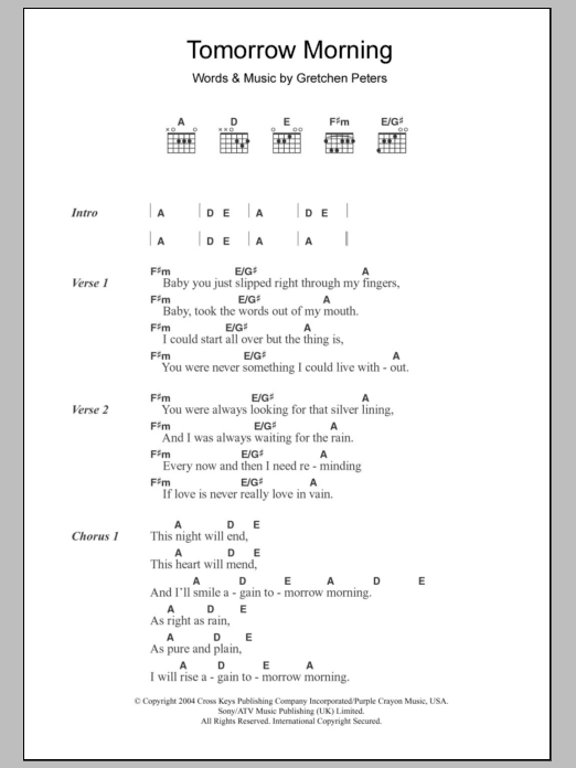 Gretchen Peters Tomorrow Morning sheet music notes and chords. Download Printable PDF.