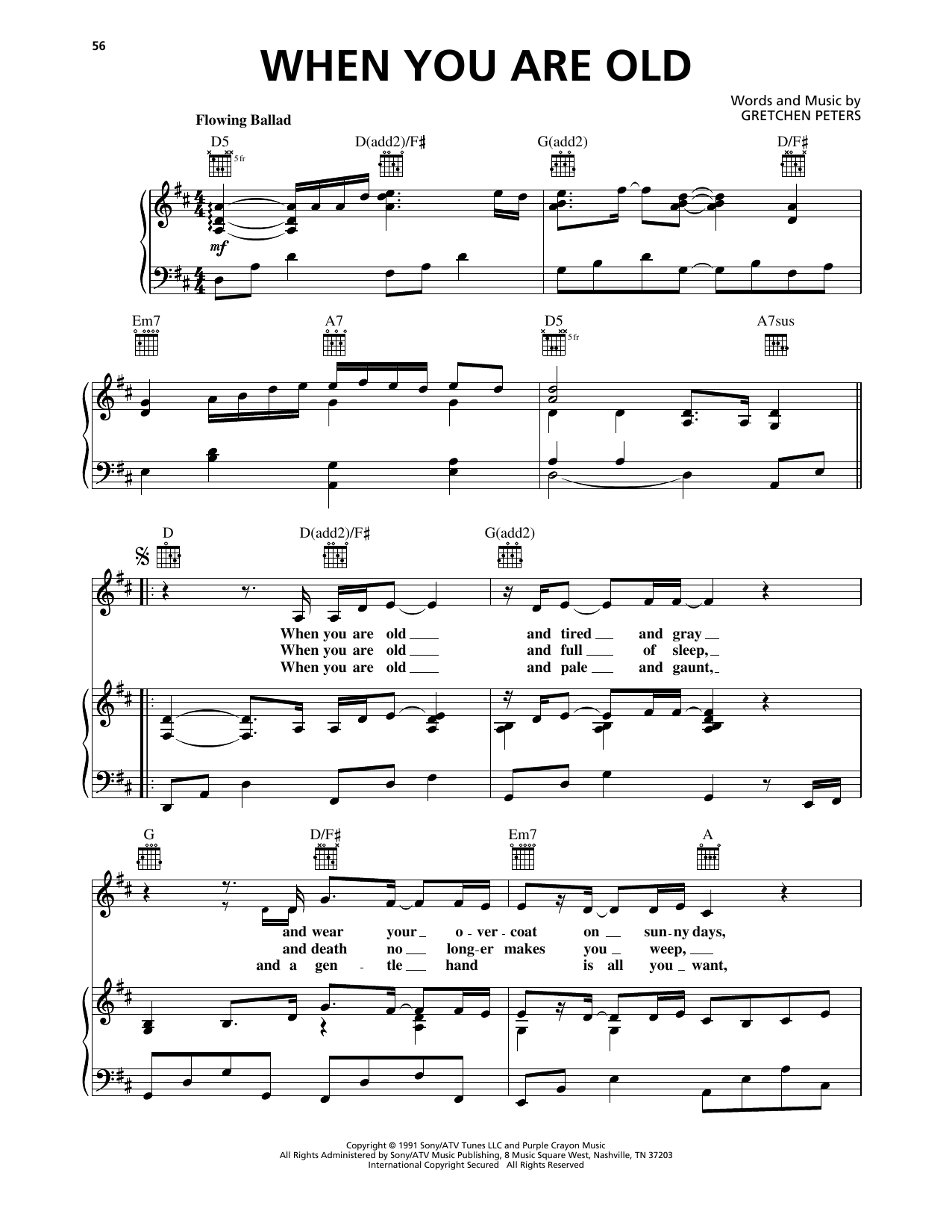 Gretchen Peters When You Are Old sheet music notes and chords arranged for Piano, Vocal & Guitar Chords (Right-Hand Melody)