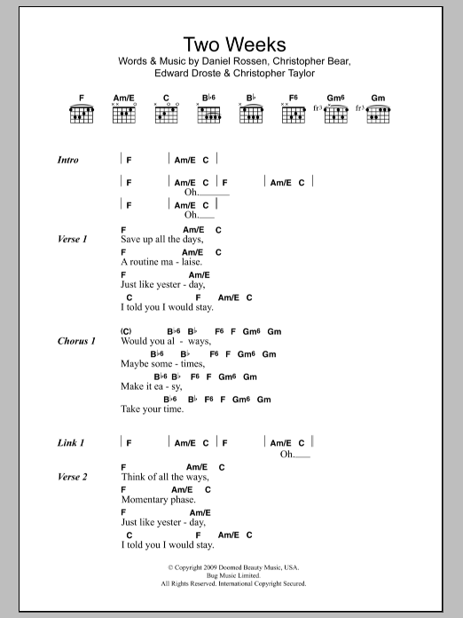 Grizzly Bear Two Weeks sheet music notes and chords. Download Printable PDF.