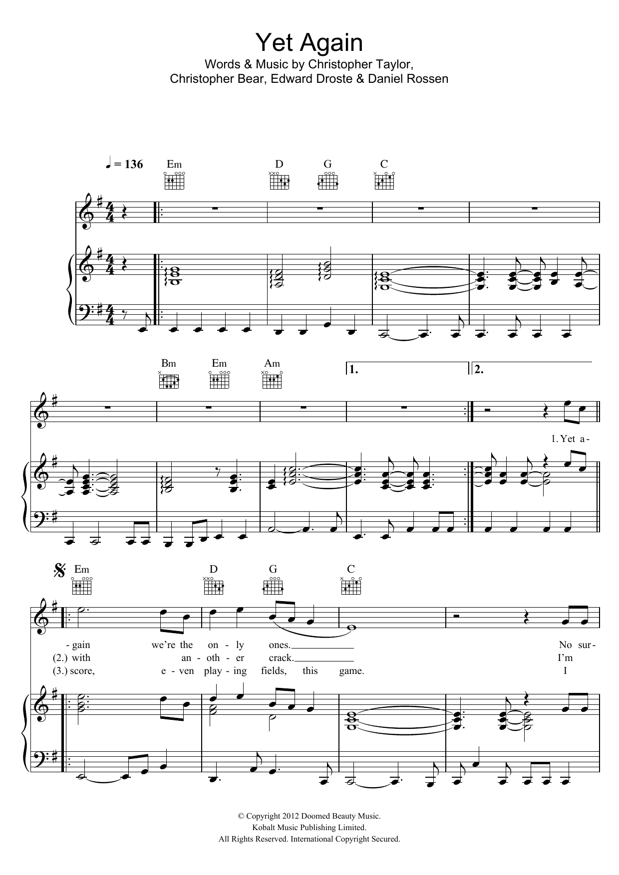 Learn to play Grizzly Bear Yet Again sheet music for Piano, Vocal & Guitar Chords in minutes. Price: 7.8900$ Grizzly Bear Yet Again sheet music notes and chords arranged for Piano, Vocal & Guitar Chords