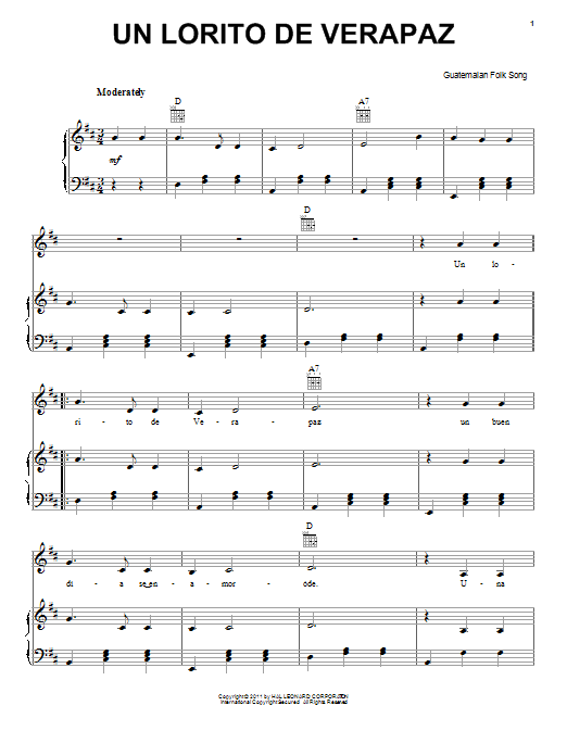Learn to play Guatemalan Folk Song Un Lorito De Verapaz sheet music for Piano, Vocal & Guitar Chords (Right-Hand Melody) in minutes. Price: 7.8900$ Guatemalan Folk Song Un Lorito De Verapaz sheet music notes and chords arranged for Piano, Vocal & Guitar Chords (Right-Hand Melody)