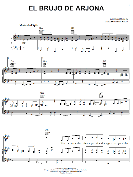 Learn to play Guillermo Buitrago El Brujo De Arjona sheet music for Piano, Vocal & Guitar Chords (Right-Hand Melody) in minutes. Price: 7.8900$ Guillermo Buitrago El Brujo De Arjona sheet music notes and chords arranged for Piano, Vocal & Guitar Chords (Right-Hand Melody)