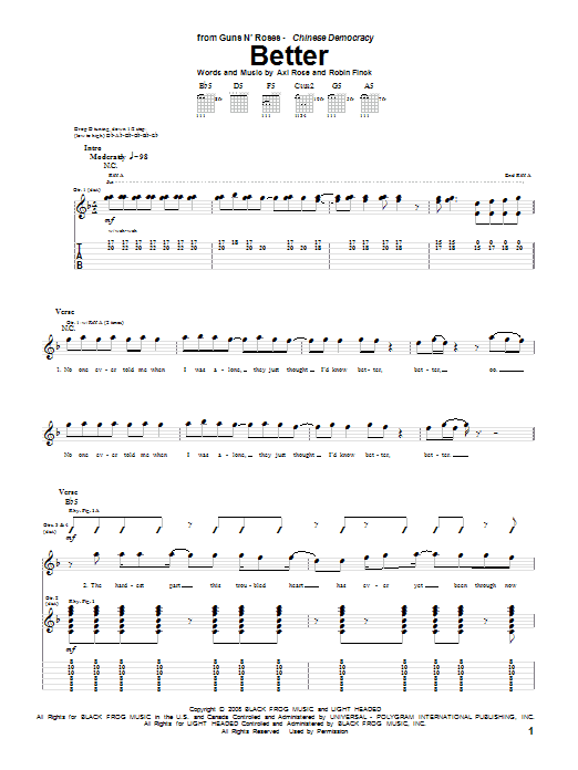 Learn to play Guns N' Roses Better sheet music for Guitar Tab in minutes. Price: 7.8900$ Guns N' Roses Better sheet music notes and chords arranged for Guitar Tab