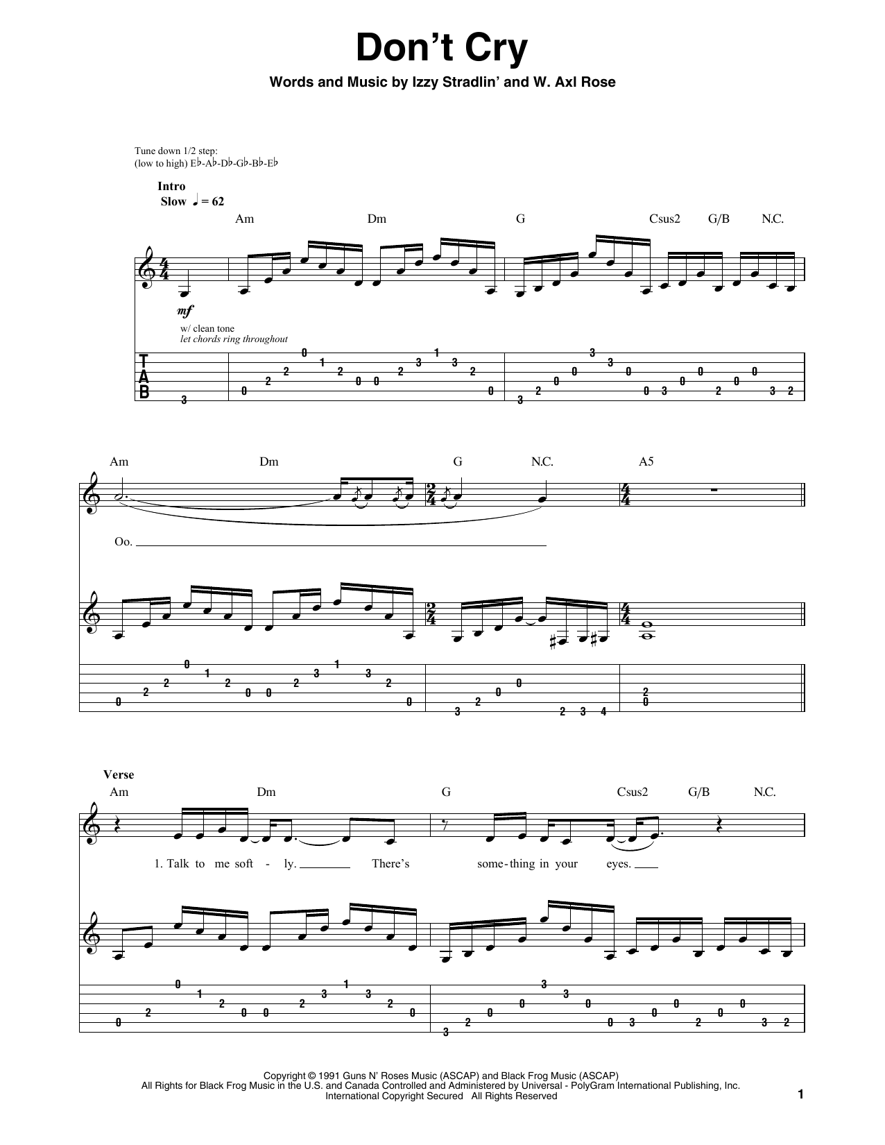 Guns N' Roses Don't Cry sheet music notes and chords. Download Printable PDF.