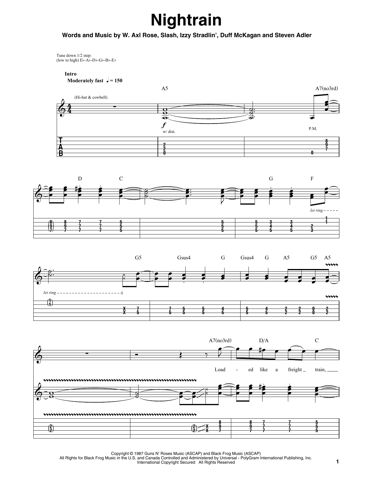 Guns N' Roses Nightrain sheet music notes and chords. Download Printable PDF.