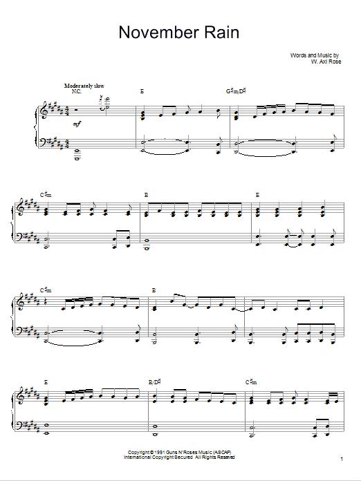 Guns N' Roses November Rain sheet music notes and chords. Download Printable PDF.