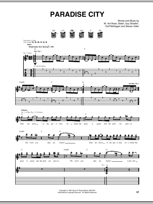 Learn to play Guns N' Roses Paradise City (live version) sheet music for Guitar Tab in minutes. Price: 7.8900$ Guns N' Roses Paradise City (live version) sheet music notes and chords arranged for Guitar Tab
